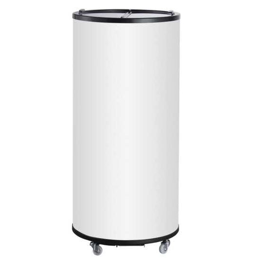 White cold drink barrel merchandiser refrigerator with a 2 cu. ft. capacity, designed for displaying and cooling beverages. Ideal for retail or event spaces, offering a compact, eye-catching display.