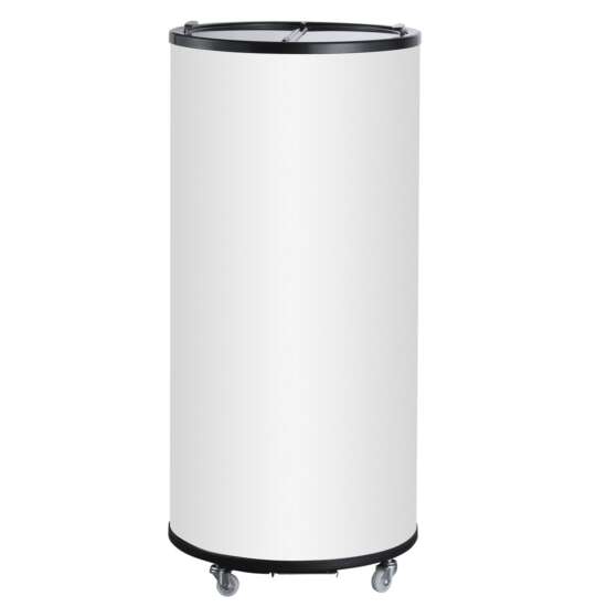 Unity U-BF2 white barrel merchandiser freezer with a 2 cu. ft. capacity, offering a compact and stylish design for efficiently displaying frozen products in retail environments.
