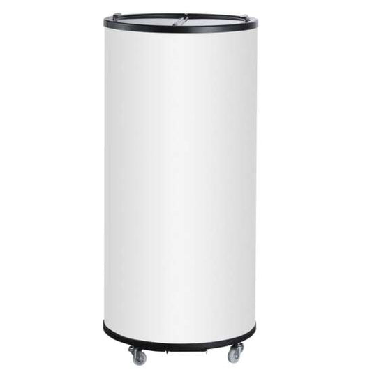 Unity U-BF2 white barrel merchandiser freezer with a 2 cu. ft. capacity, offering a compact and stylish design for efficiently displaying frozen products in retail environments.