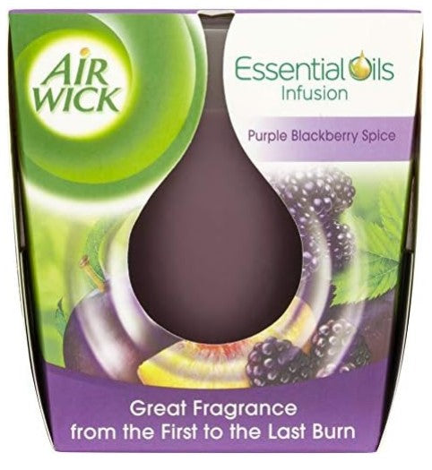 Air Wick scented candle in a clear glass jar, Purple Blackberry Spice scent.