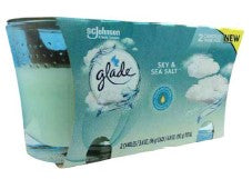 Two Glade Sky & Sea Salt scented candles in glass jars, 3.4 oz each, with a crisp, refreshing sea salt fragrance.