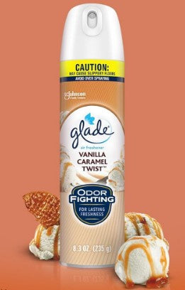 Glade Air Freshener Twin Pack with Vanilla Caramel Twist scent, 8.3 oz cans for long-lasting, cozy home fragrance.