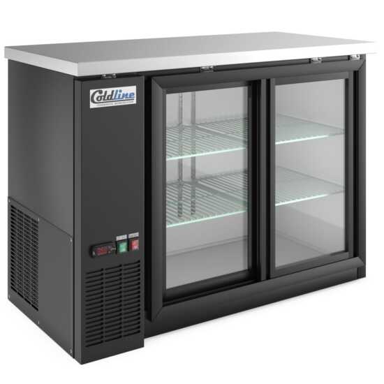 48-inch sliding glass door back bar cooler in black, with sleek sliding doors for easy access and visibility. Ideal for bars and restaurants, offering efficient cooling and a modern design.