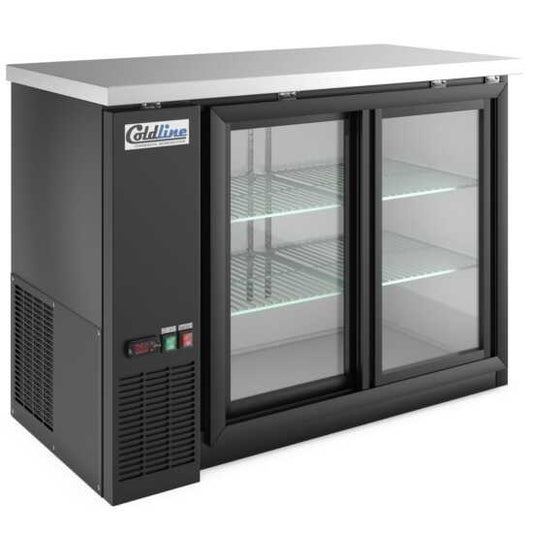 48-inch sliding glass door back bar cooler in black, with sleek sliding doors for easy access and visibility. Ideal for bars and restaurants, offering efficient cooling and a modern design.