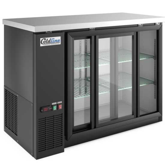 48-inch sliding glass door back bar cooler in black, with sleek sliding doors for easy access and visibility. Ideal for bars and restaurants, offering efficient cooling and a modern design.