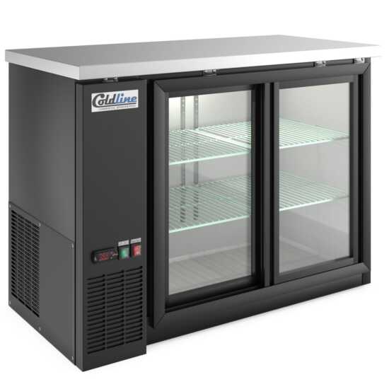 48-inch sliding glass door back bar cooler in black, with sleek sliding doors for easy access and visibility. Ideal for bars and restaurants, offering efficient cooling and a modern design.