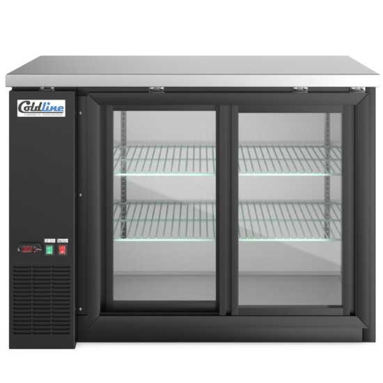 48-inch sliding glass door back bar cooler in black, with sleek sliding doors for easy access and visibility. Ideal for bars and restaurants, offering efficient cooling and a modern design.