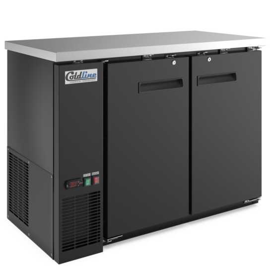 48-inch swing solid door back bar cooler in black, designed for efficient cooling and easy access to beverages. Ideal for bars and restaurants, offering ample storage with a sleek, professional look.