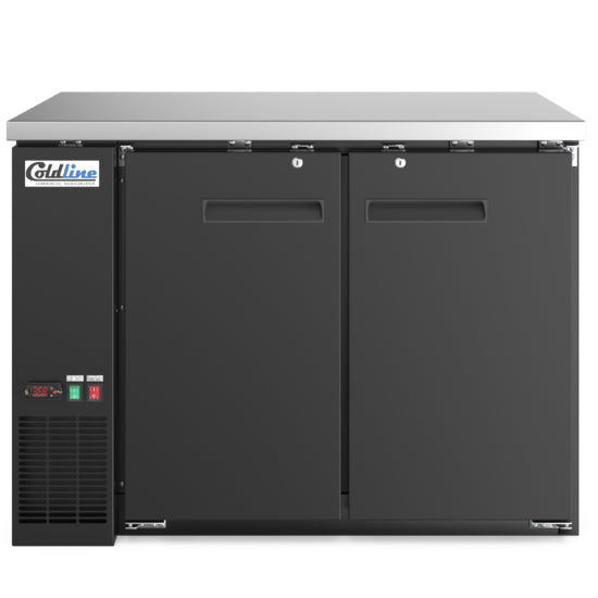48-inch swing solid door back bar cooler in black, designed for efficient cooling and easy access to beverages. Ideal for bars and restaurants, offering ample storage with a sleek, professional look.