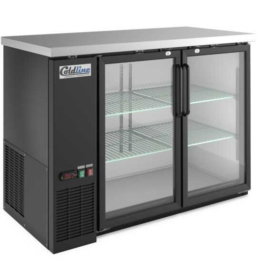48-inch swing glass door back bar cooler in black, featuring transparent doors for easy product visibility and efficient cooling. Perfect for bars and restaurants, combining style with functionality.