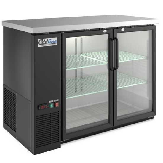 48-inch swing glass door back bar cooler in black, featuring transparent doors for easy product visibility and efficient cooling. Perfect for bars and restaurants, combining style with functionality.