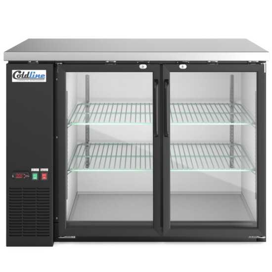 48-inch swing glass door back bar cooler in black, featuring transparent doors for easy product visibility and efficient cooling. Perfect for bars and restaurants, combining style with functionality.