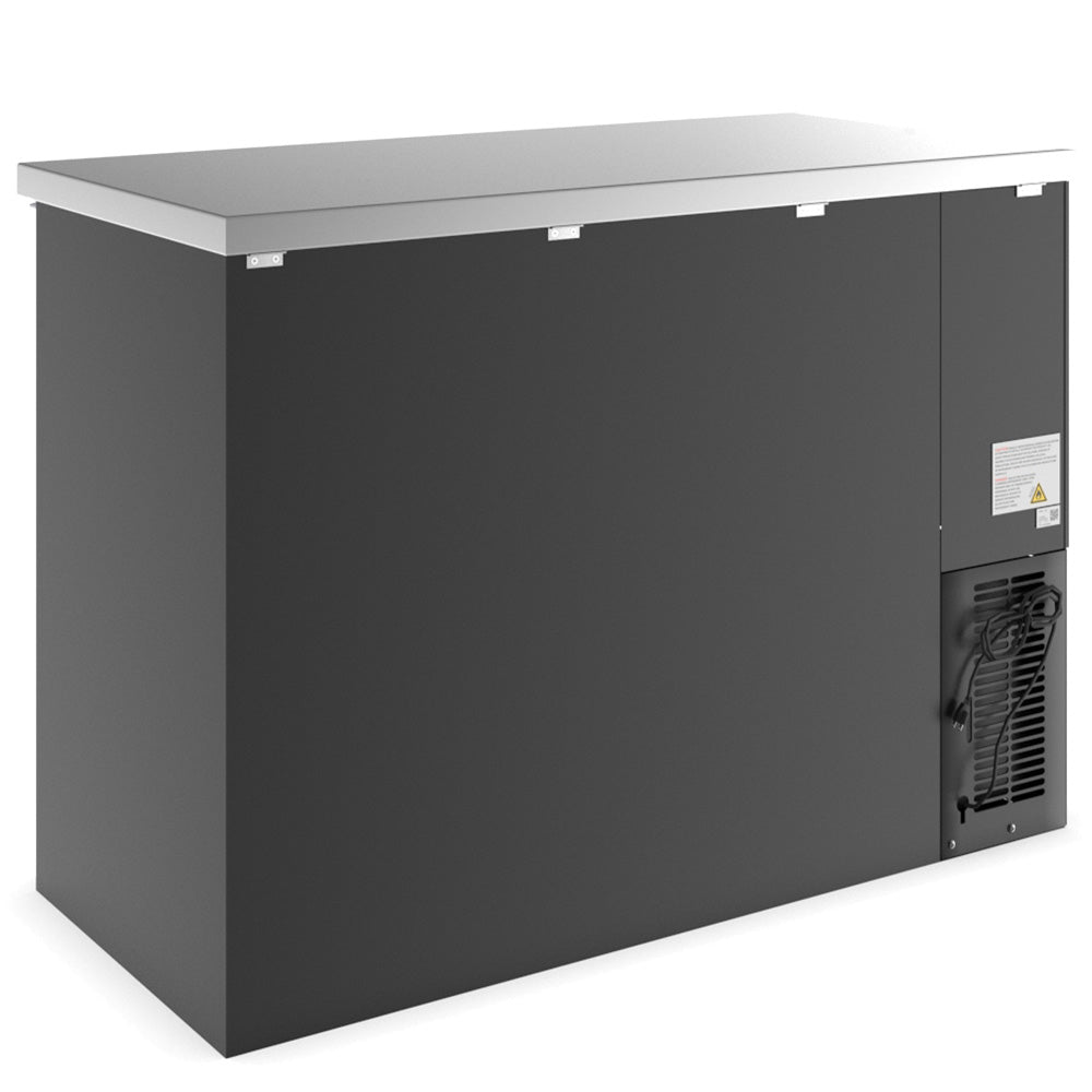 48-inch swing solid door back bar cooler in black, designed for efficient cooling and easy access to beverages. Ideal for bars and restaurants, offering ample storage with a sleek, professional look.