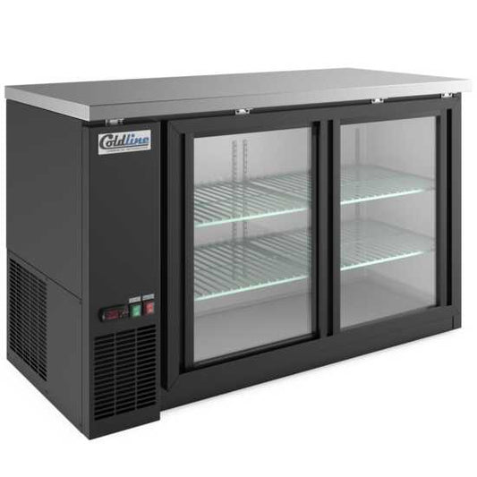 60-inch sliding glass door back bar cooler in black, offering easy access and clear visibility of stored items. Ideal for bars and restaurants, combining sleek design with efficient cooling.