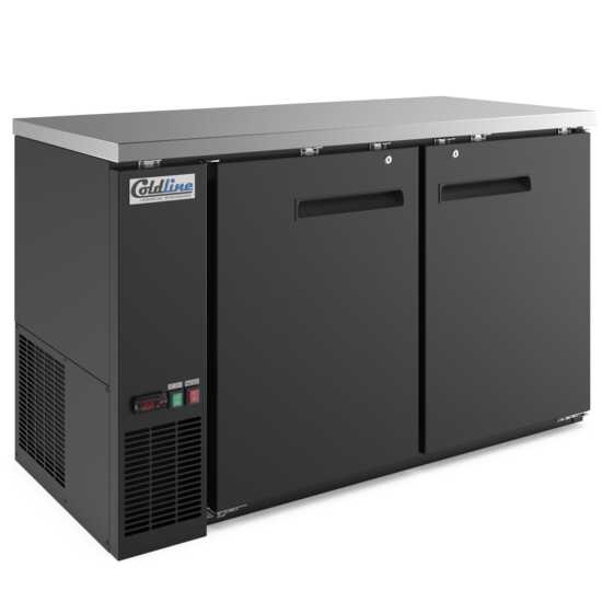 60-inch swing solid door back bar cooler in black, designed for effective cooling and secure storage. Ideal for bars and restaurants, providing ample space with a sleek, professional appearance.