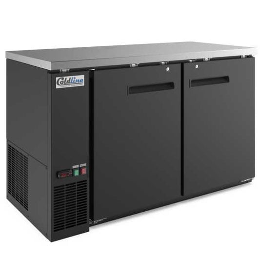 60-inch swing solid door back bar cooler in black, designed for effective cooling and secure storage. Ideal for bars and restaurants, providing ample space with a sleek, professional appearance.