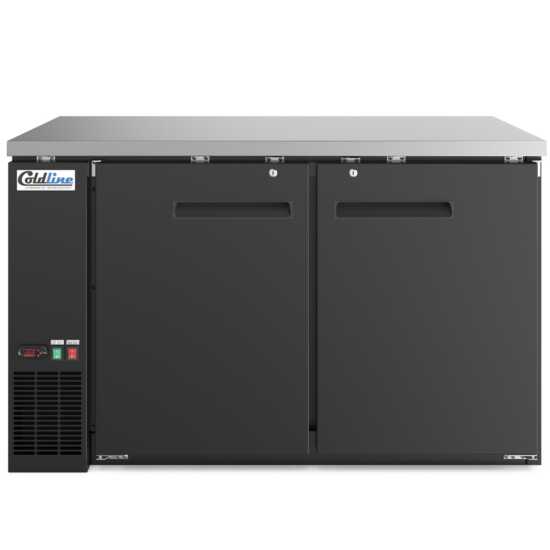 60-inch swing solid door back bar cooler in black, designed for effective cooling and secure storage. Ideal for bars and restaurants, providing ample space with a sleek, professional appearance.