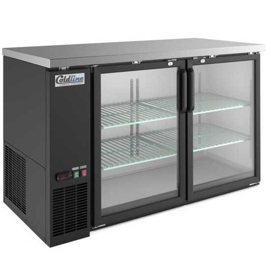 60-inch swing glass door back bar cooler in black, featuring transparent doors for easy visibility and efficient cooling. Perfect for bars and restaurants, combining functionality with a stylish look.