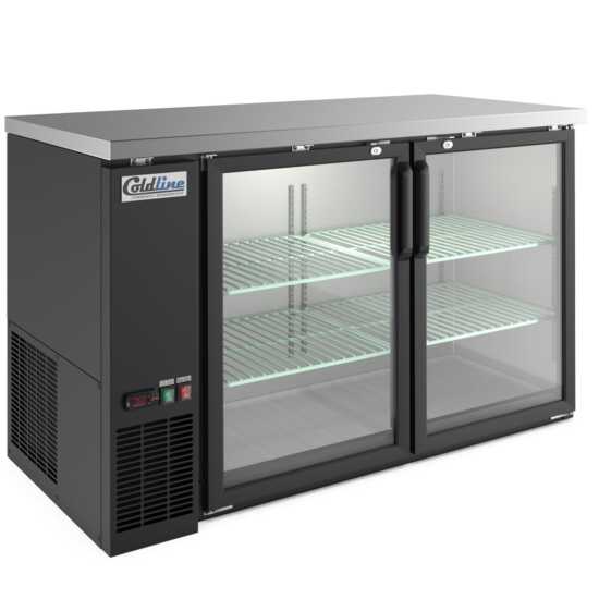 60-inch swing glass door back bar cooler in black, featuring transparent doors for easy visibility and efficient cooling. Perfect for bars and restaurants, combining functionality with a stylish look.