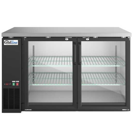 60-inch swing glass door back bar cooler in black, featuring transparent doors for easy visibility and efficient cooling. Perfect for bars and restaurants, combining functionality with a stylish look.
