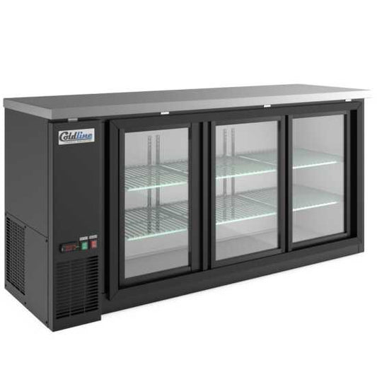 72-inch sliding glass door back bar cooler in black, designed with sleek sliding doors for easy access and clear visibility. Ideal for bars and restaurants, providing efficient cooling with a modern look.