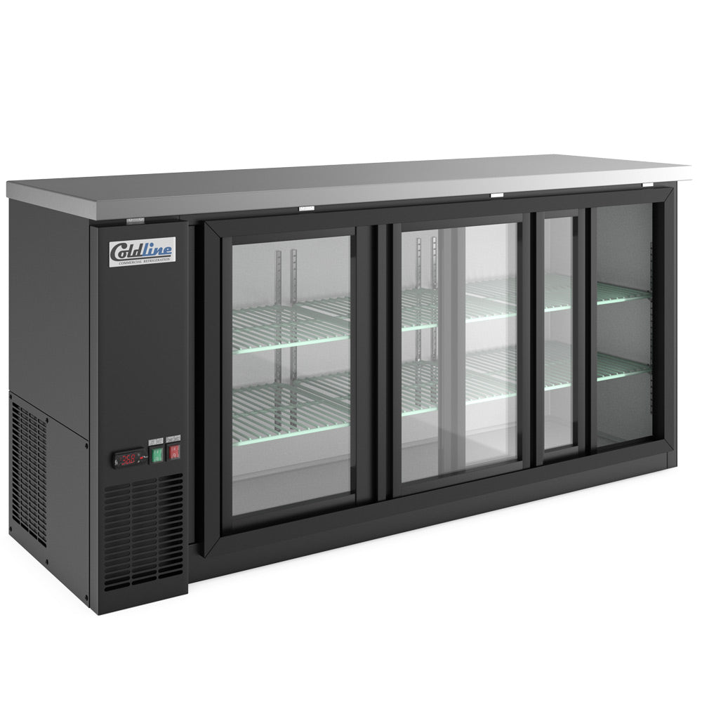 72-inch sliding glass door back bar cooler in black, designed with sleek sliding doors for easy access and clear visibility. Ideal for bars and restaurants, providing efficient cooling with a modern look.
