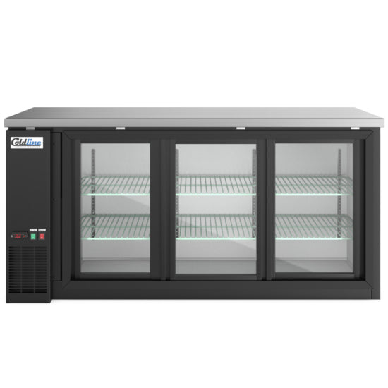 72-inch sliding glass door back bar cooler in black, designed with sleek sliding doors for easy access and clear visibility. Ideal for bars and restaurants, providing efficient cooling with a modern look.