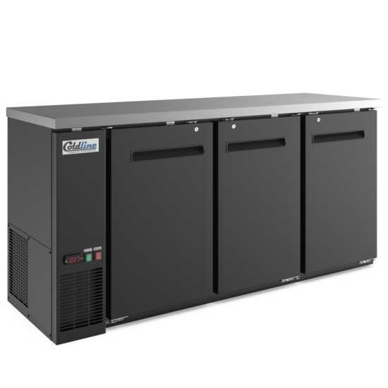 72-inch swing solid door back bar cooler in black, designed for robust cooling and secure storage. Perfect for bars and restaurants, providing ample space with a sleek, professional finish.
