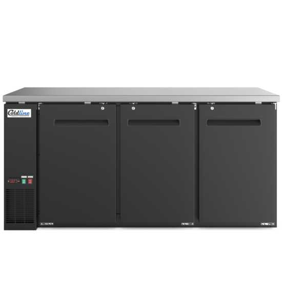72-inch swing solid door back bar cooler in black, designed for robust cooling and secure storage. Perfect for bars and restaurants, providing ample space with a sleek, professional finish.