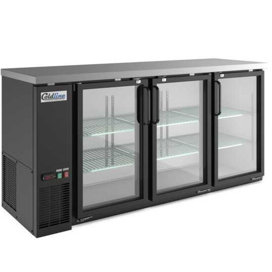 72-inch swing glass door back bar cooler in black, featuring transparent doors for easy visibility and efficient cooling. Ideal for bars and restaurants, offering a stylish and functional storage solution.