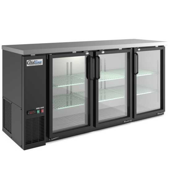 72-inch swing glass door back bar cooler in black, featuring transparent doors for easy visibility and efficient cooling. Ideal for bars and restaurants, offering a stylish and functional storage solution.