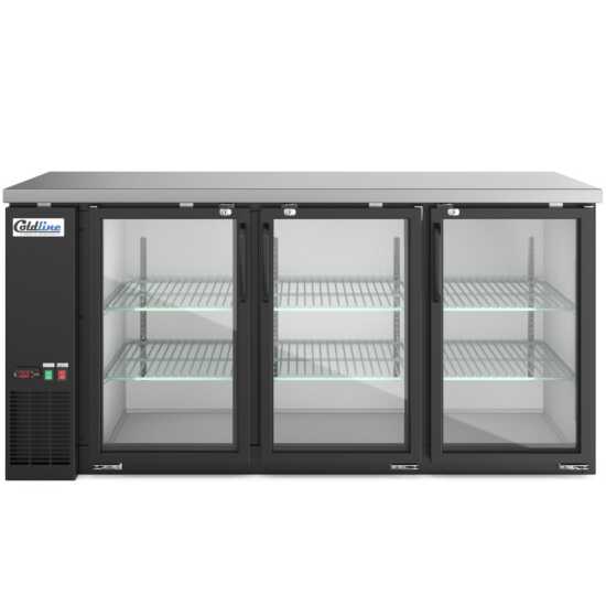 72-inch swing glass door back bar cooler in black, featuring transparent doors for easy visibility and efficient cooling. Ideal for bars and restaurants, offering a stylish and functional storage solution.