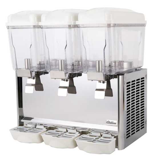 Coldline CBD-3 Triple 3 Gallon Bowl Beverage Dispenser with Stirring System, ideal for serving a variety of chilled drinks. Features three bowls and a stirring system to ensure even mixing and consistent cooling.