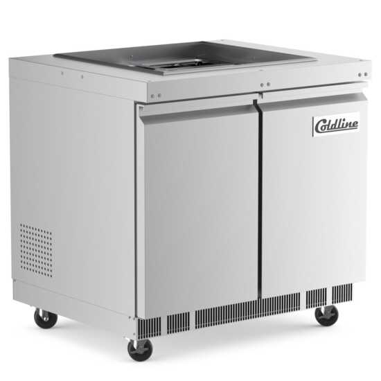 The Coldline CBT-36 is a 36-inch stainless steel refrigerated salad bar and buffet table, perfect for restaurants and catering services to keep salads and other chilled items fresh during service.