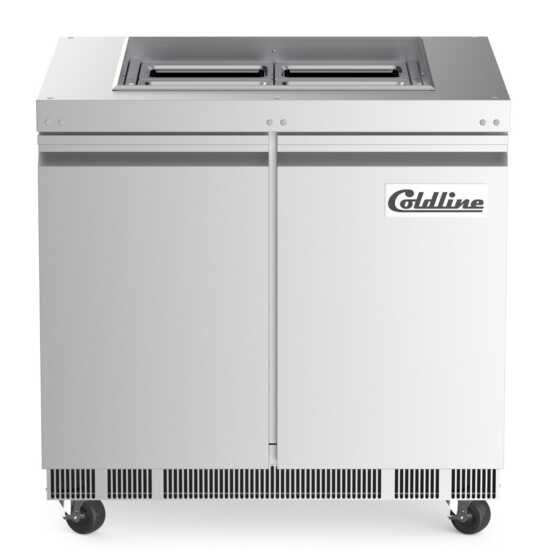 The Coldline CBT-36 is a 36-inch stainless steel refrigerated salad bar and buffet table, perfect for restaurants and catering services to keep salads and other chilled items fresh during service.
