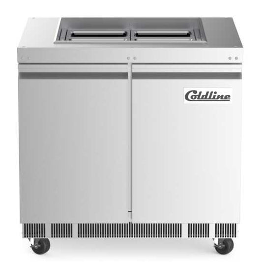 The Coldline CBT-36 is a 36-inch stainless steel refrigerated salad bar and buffet table, perfect for restaurants and catering services to keep salads and other chilled items fresh during service.
