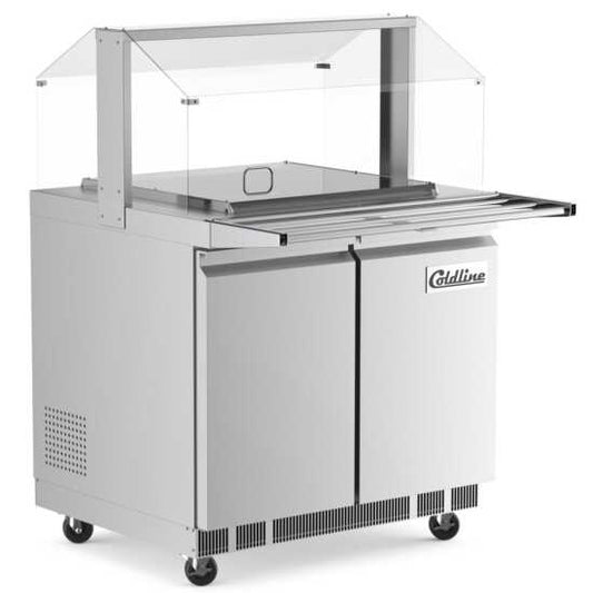 The Coldline CBT-36-CSG is a 36-inch stainless steel refrigerated salad bar with a sneeze guard, tray slide, and pan cover, ideal for maintaining food safety and freshness in buffet and salad setups.
