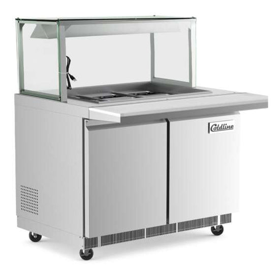 Coldline CBT48-LT 48-inch refrigerated salad bar featuring a stainless steel body, built-in cutting board, and lighted sneeze guard, ideal for displaying fresh ingredients in commercial kitchens or buffets.