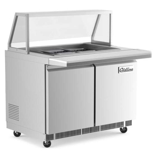 Coldline CBT48-SG 48" Refrigerated Salad Bar featuring a durable stainless steel design, spacious cutting board, sneeze guard, and energy-efficient cooling. Perfect for displaying and serving fresh salads and toppings in commercial dining settings.