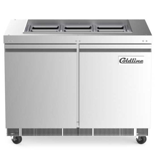 The Coldline CBT-48 is a 48-inch stainless steel refrigerated salad bar and buffet table, ideal for restaurants and buffets to keep salads, fruits, and cold dishes fresh and ready for service.