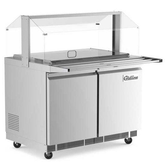 The Coldline CBT-48-CSG is a 48-inch stainless steel refrigerated salad bar featuring a sneeze guard, tray slide, and pan cover, designed to keep food fresh and protected in buffet and salad setups.