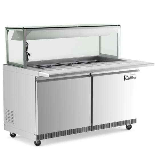 Coldline CBT60-LT 60-inch refrigerated salad bar with a durable stainless steel design, built-in cutting board, and lighted sneeze guard, perfect for showcasing fresh ingredients in commercial settings.