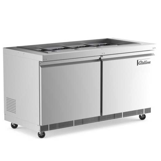 The Coldline CBT-60 is a 60-inch stainless steel refrigerated salad bar and buffet table, perfect for restaurants and catering events to keep salads, fruits, and cold dishes fresh during service.