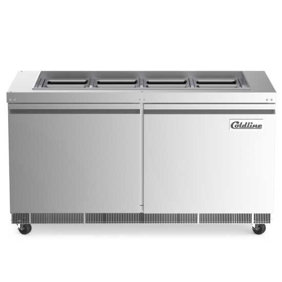 The Coldline CBT-60 is a 60-inch stainless steel refrigerated salad bar and buffet table, perfect for restaurants and catering events to keep salads, fruits, and cold dishes fresh during service.