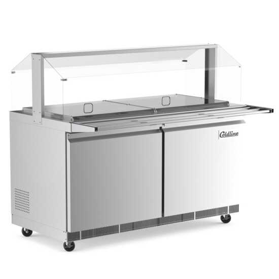 The Coldline CBT-60-CSG is a 60-inch stainless steel refrigerated salad bar with a sneeze guard, tray slide, and pan cover, ideal for maintaining freshness and hygiene in buffet and salad service.