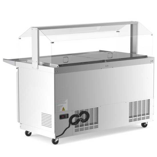 The Coldline CBT-60-CSG is a 60-inch stainless steel refrigerated salad bar with a sneeze guard, tray slide, and pan cover, ideal for maintaining freshness and hygiene in buffet and salad service.