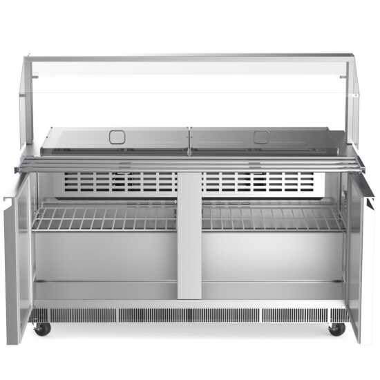 The Coldline CBT-60-CSG is a 60-inch stainless steel refrigerated salad bar with a sneeze guard, tray slide, and pan cover, ideal for maintaining freshness and hygiene in buffet and salad service.