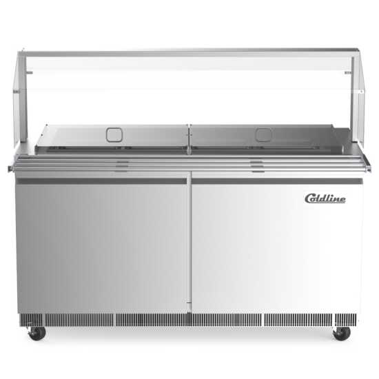 The Coldline CBT-60-CSG is a 60-inch stainless steel refrigerated salad bar with a sneeze guard, tray slide, and pan cover, ideal for maintaining freshness and hygiene in buffet and salad service.