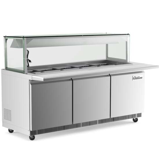Coldline CBT72-LT 72-inch refrigerated salad bar featuring a sleek stainless steel construction, integrated cutting board, and illuminated sneeze guard, designed for efficient and attractive food presentation in commercial environments.