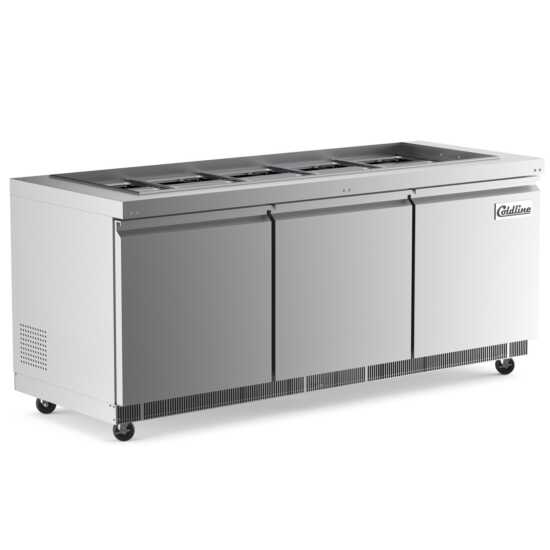 The Coldline CBT-72 is a 72-inch stainless steel refrigerated salad bar and buffet table, designed for high-volume settings to keep salads, fruits, and cold dishes fresh and accessible for guests.